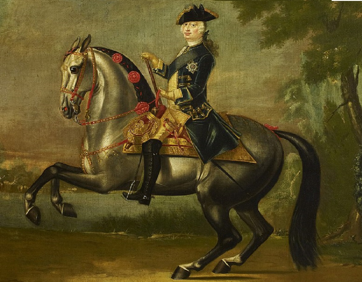 Portrait of Frederick, Prince of Wales wearing royal outfit and seating on the horse - circa 1750