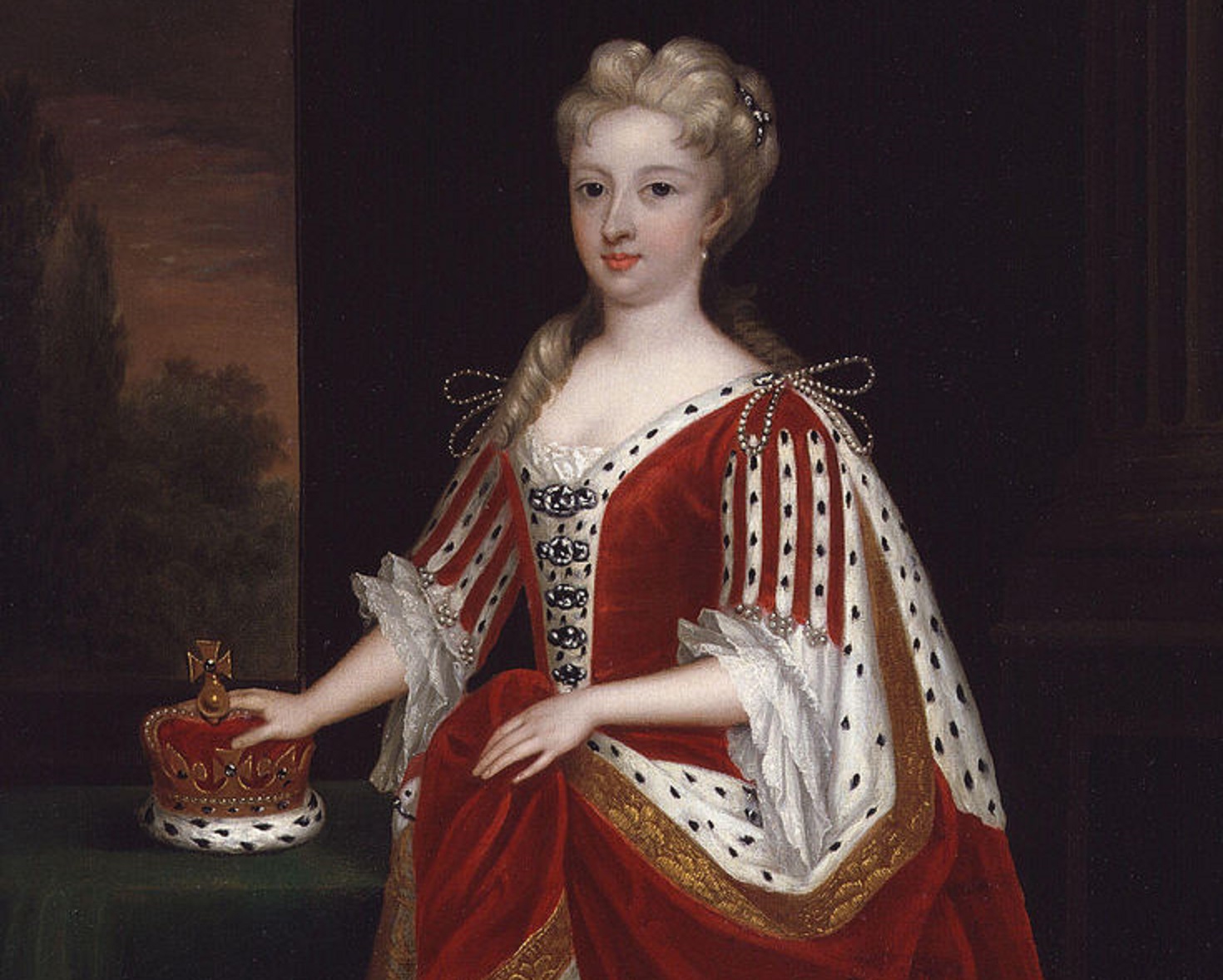 Portrait of Caroline of Ansbach wearing red royal dress and looking at front - 1716