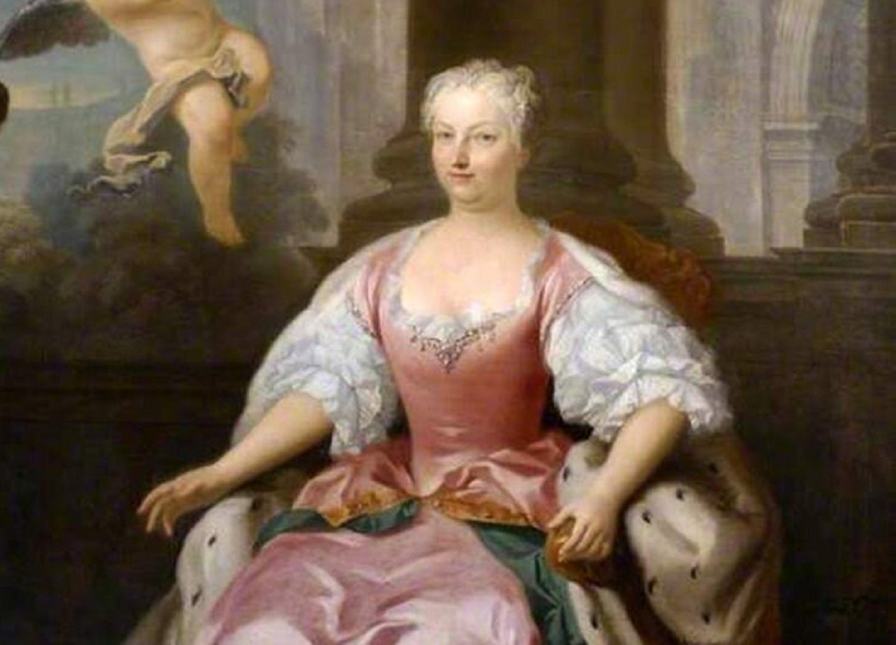 Portrait of Caroline Of Ansbach wearing white and red royal dress, seating and looking at front - 18th century