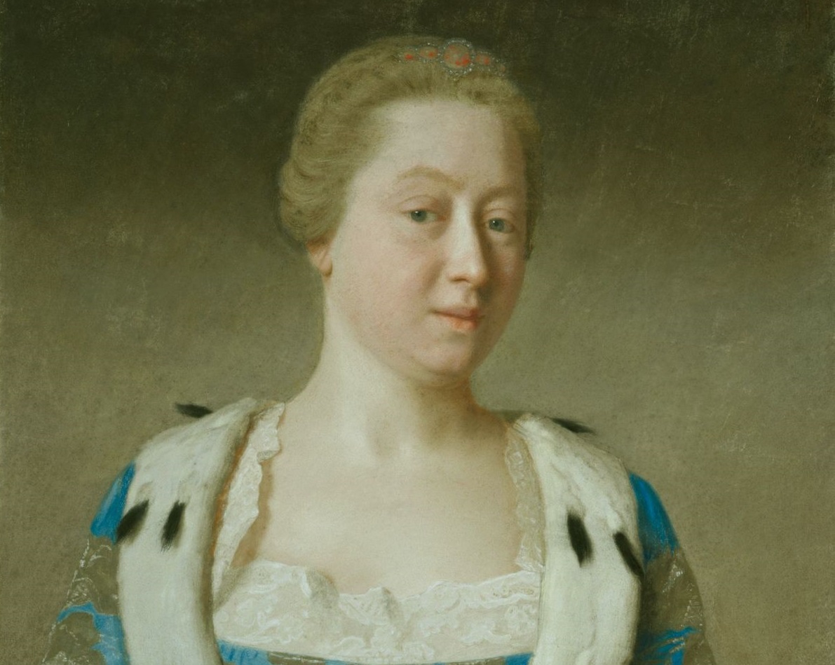 Portrait of Augusta, Princess Of Wales wearing blue royal outfit and looking at front - 1754