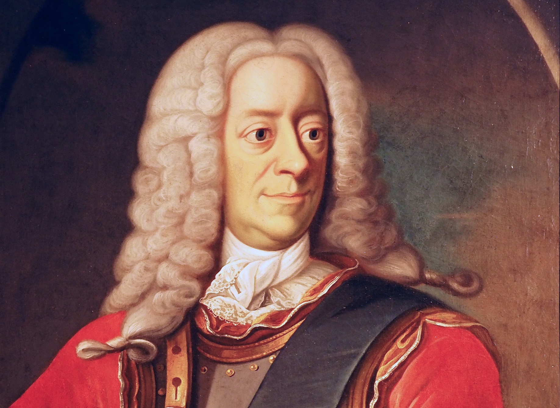 Portrait of King George II wearing red royal outfit and looking at side - circa 1731