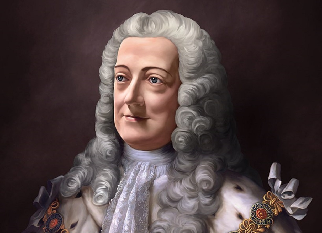 Portrait of King George II Of Great Britain wearing grey royal outfit and looking at side.