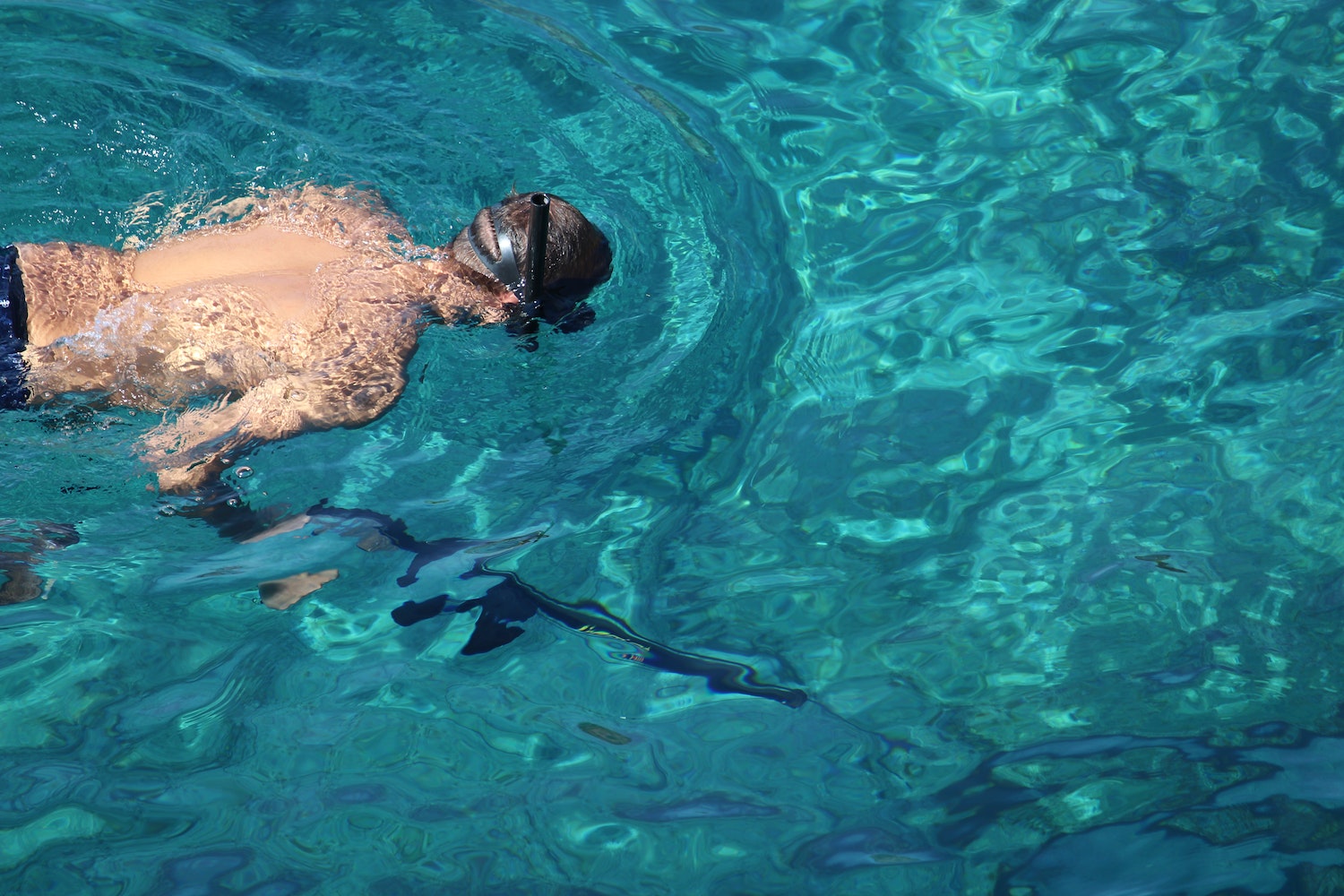 Unrecognizable man swimming with mask in sea