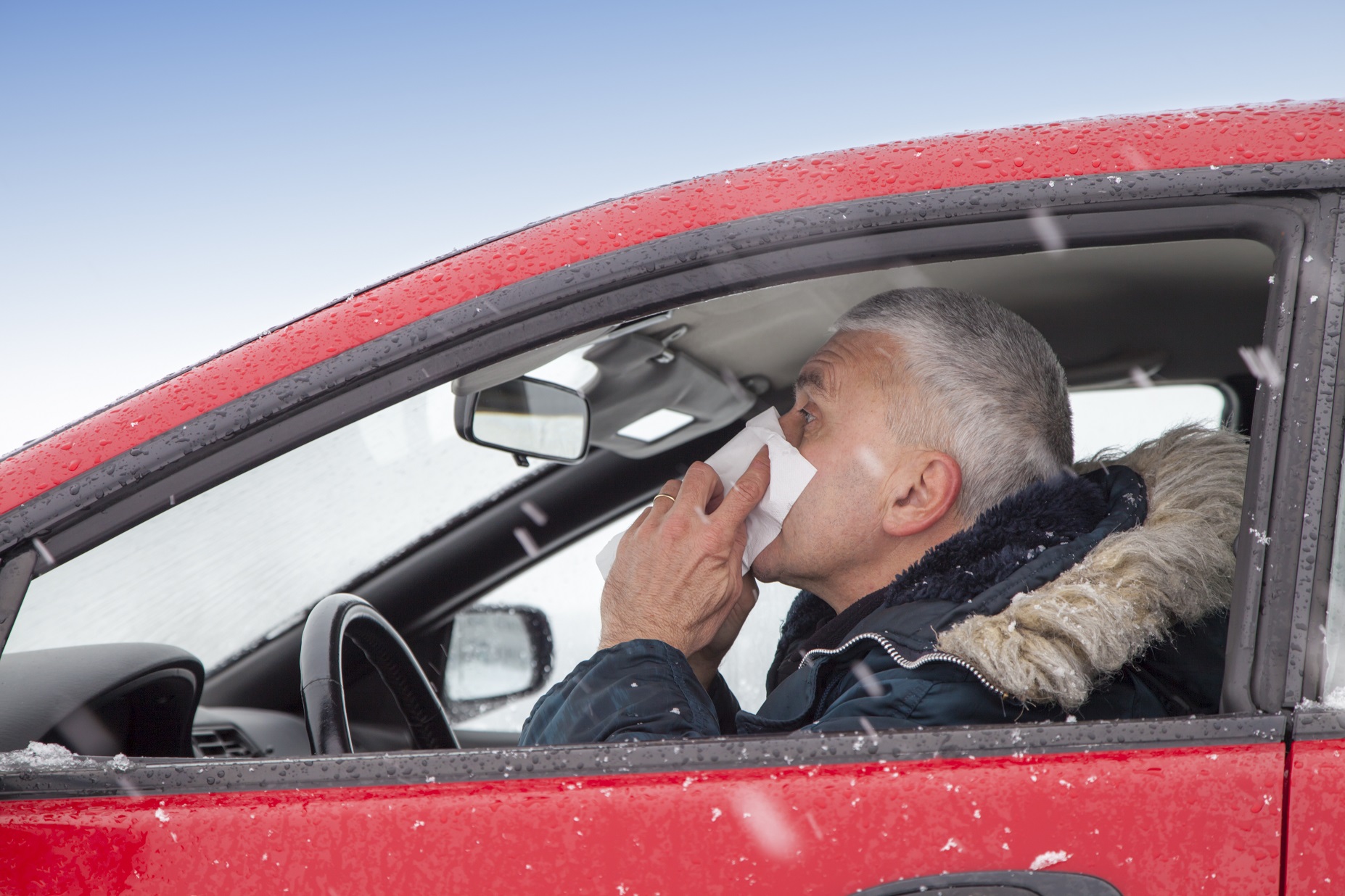 Mid aged man with flu symptoms sneezes in a car on snowy winter day.