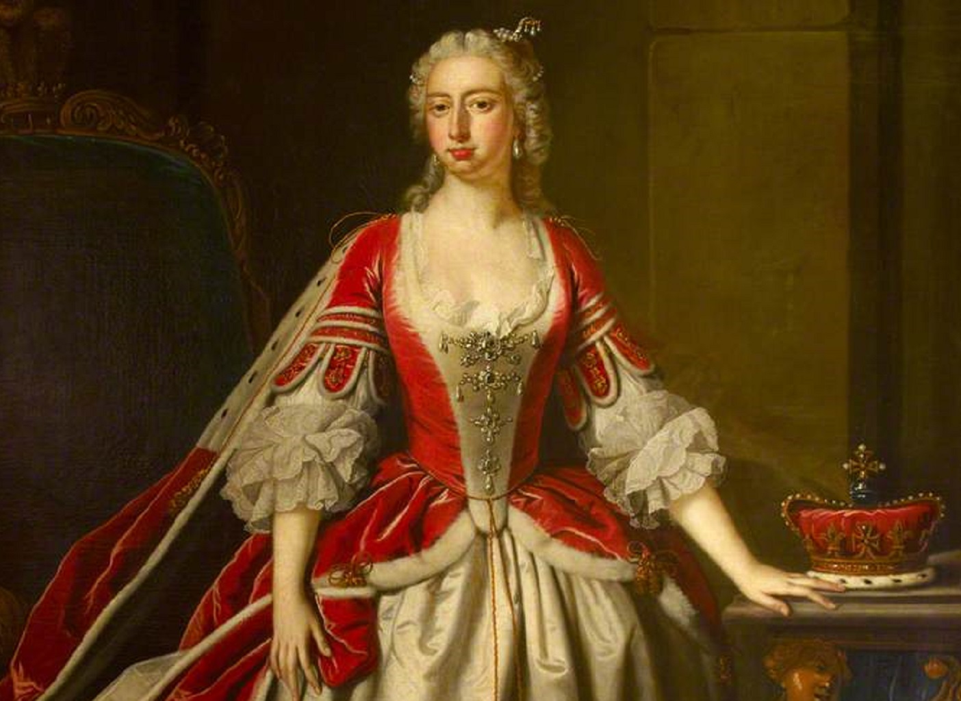 Portrait of Augusta Of Saxe-Gotha wearing red and white dress and looking at front - 1750