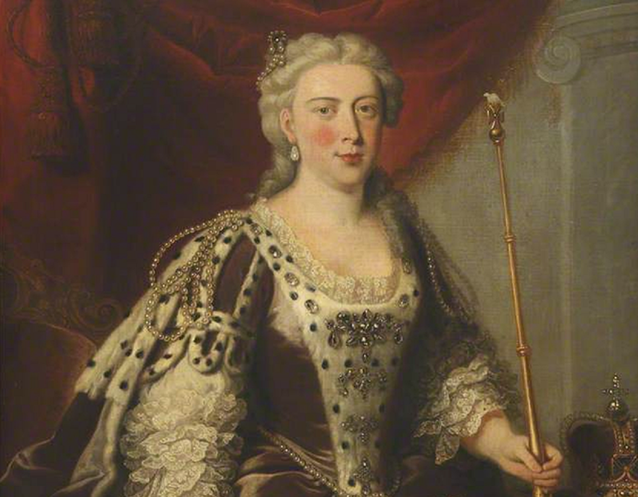 Portrait of Queen Caroline wearing white and brown royal outfit and looking at front - 1739