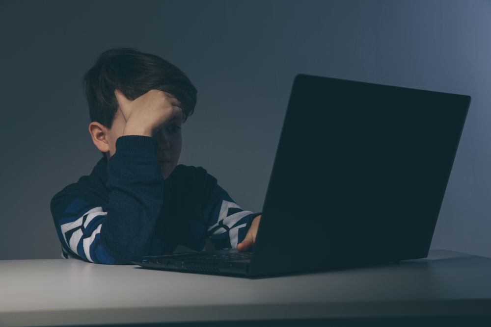 Scared Teen boy in blue sweatshirt in front of computer