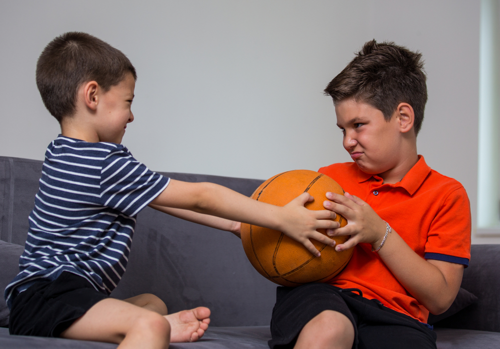Two little kids, brothers in t-shirts fighting over a toy