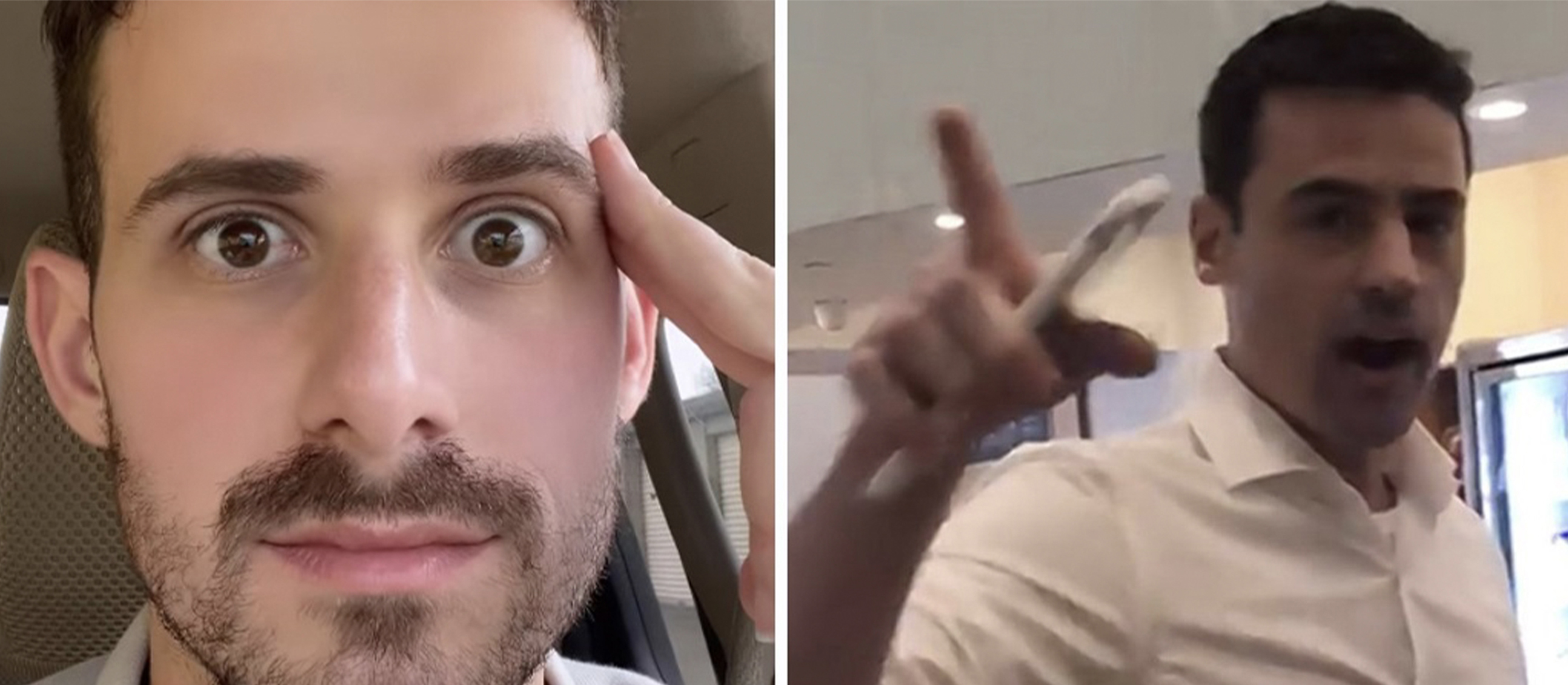 Man looking shocked wearing red shirt and glasses.