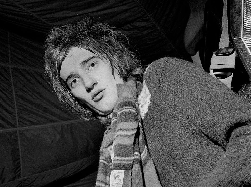 British rock singer, songwriter and musician Rod Stewart in sweater and scarf
