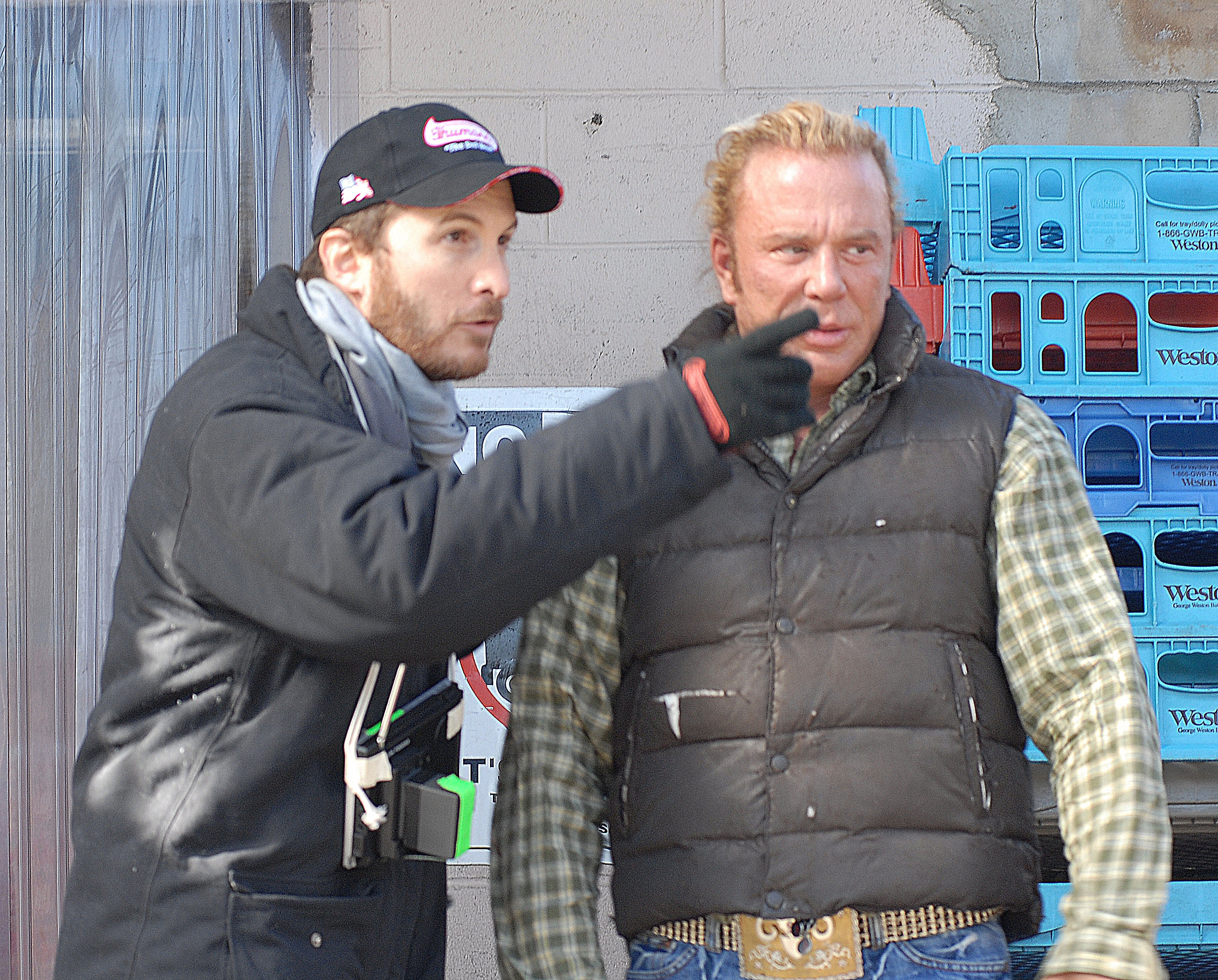 NEW YORK - FEBRUARY 21: Director Darren Aronofsky and Mickey Rourke on location for 