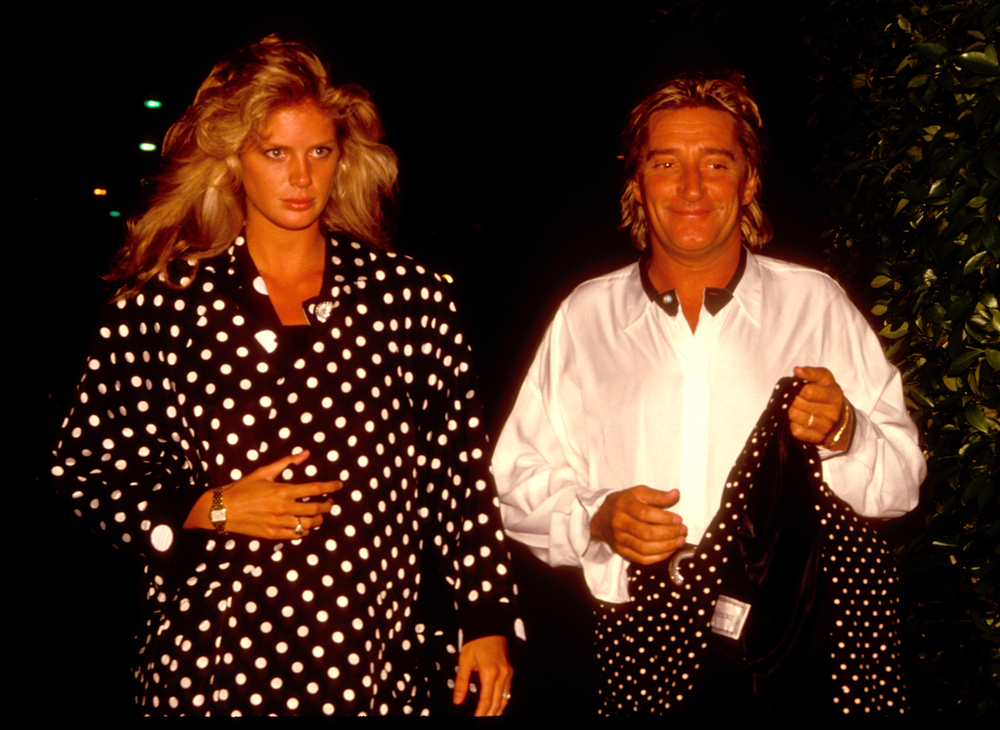 Rod Stewart and wife Rachel Hunter  leaving Le Dome restaurant in polka dot fashion