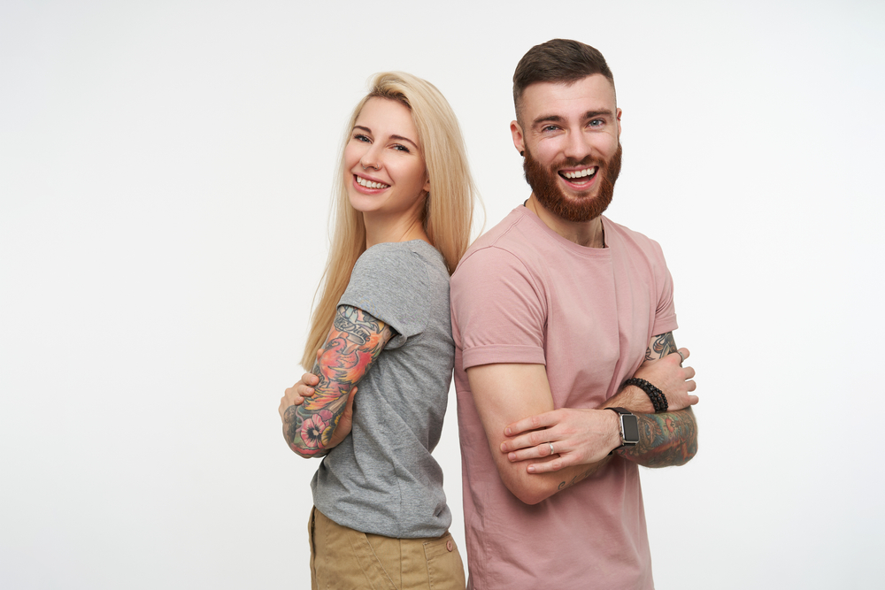 Studio photo of lovely glad couple
