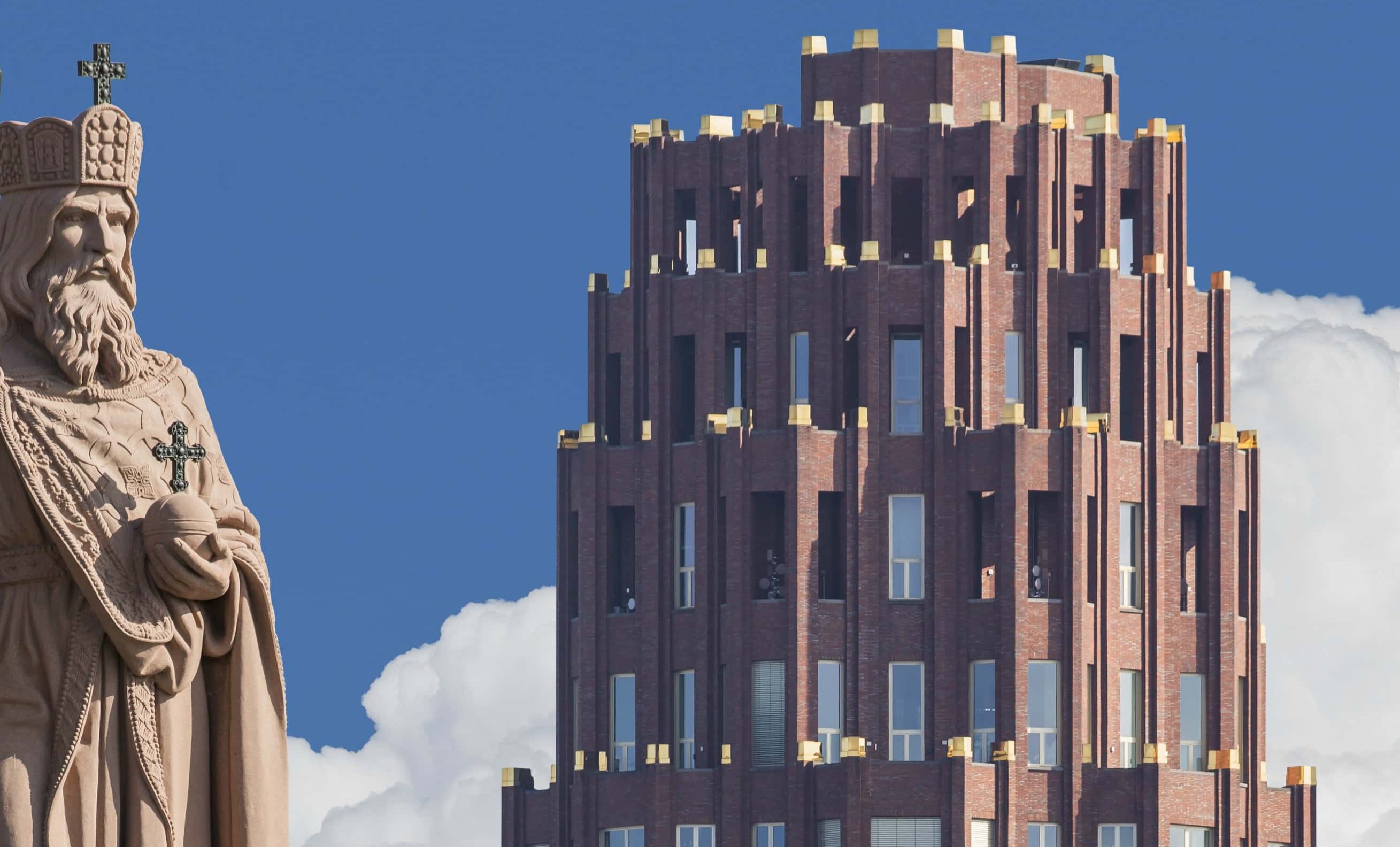 Frankfurt Main Germany Old bridge with statue of emperor Charlemagne