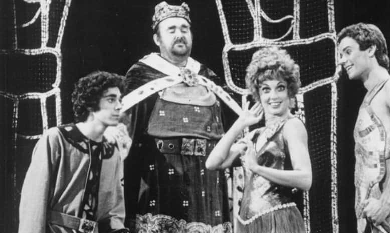 Publicity photo of American actors, (L–R) Barry Williams, I.M. Hogson, Louisa Flaningam and Adam Grammis promoting a 1975 theatrical production of Pippin.