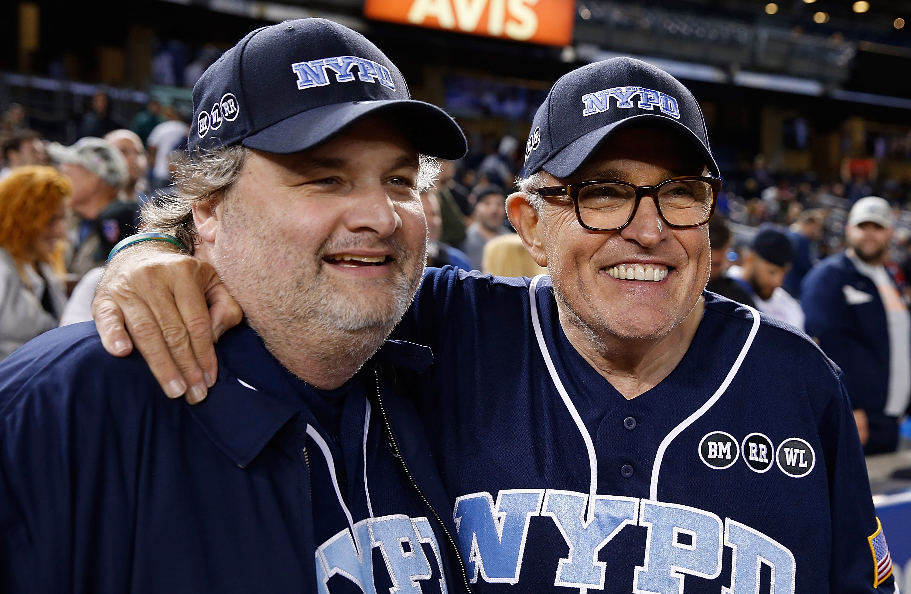 NEW YORK, NY - JUNE 03: Artie Lange and former Mayor of New York City Rudolph Giuliani participate in the True Blue Celebrity Softball Game at the True Blue Celebrity Softball Game at Yankee Stadium on June 3, 2015 in New York City. (Photo by John Lamparski/Getty Images)