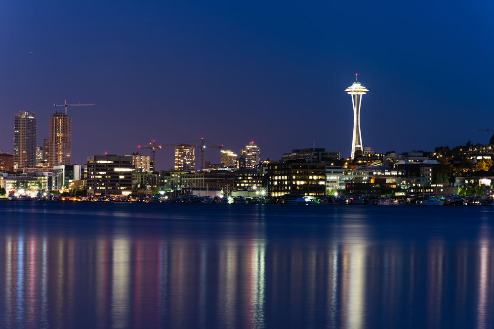 Seattle Skylines at night with light reflection