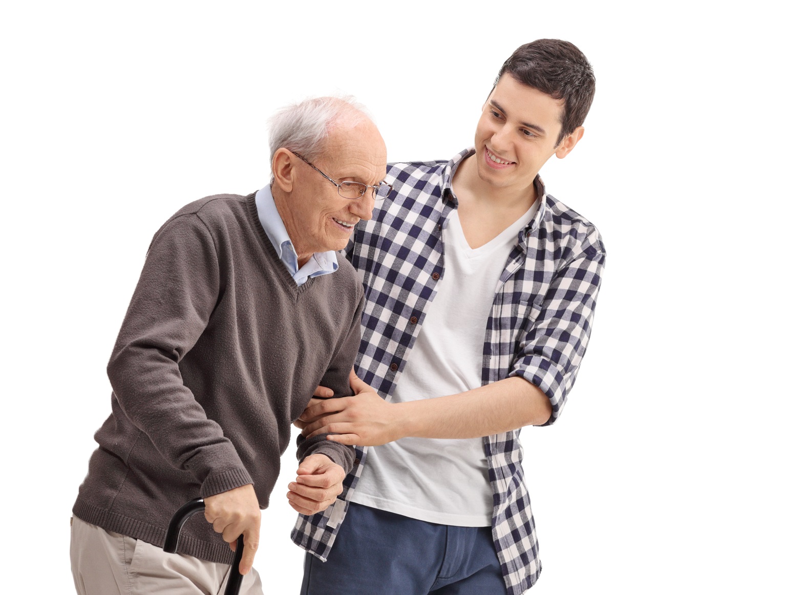 Young man helping a senior gentleman with a cane.