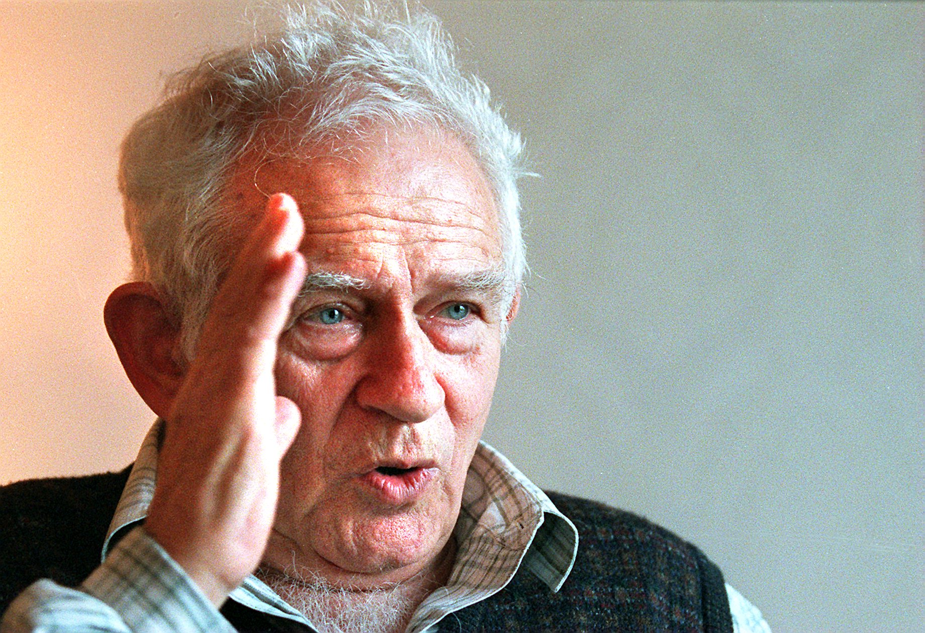 Norman Mailer looking at the camera with hand lifted next to his face
