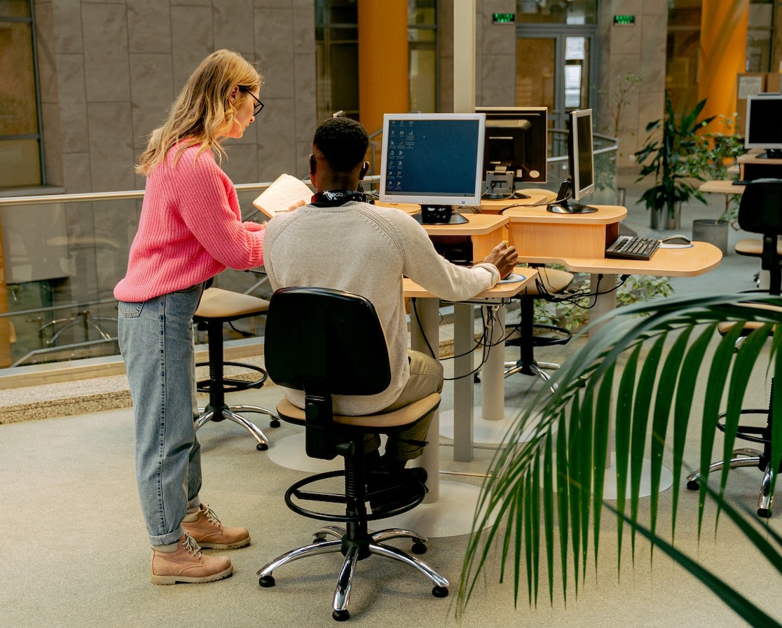 Students are working on the computer in school library.