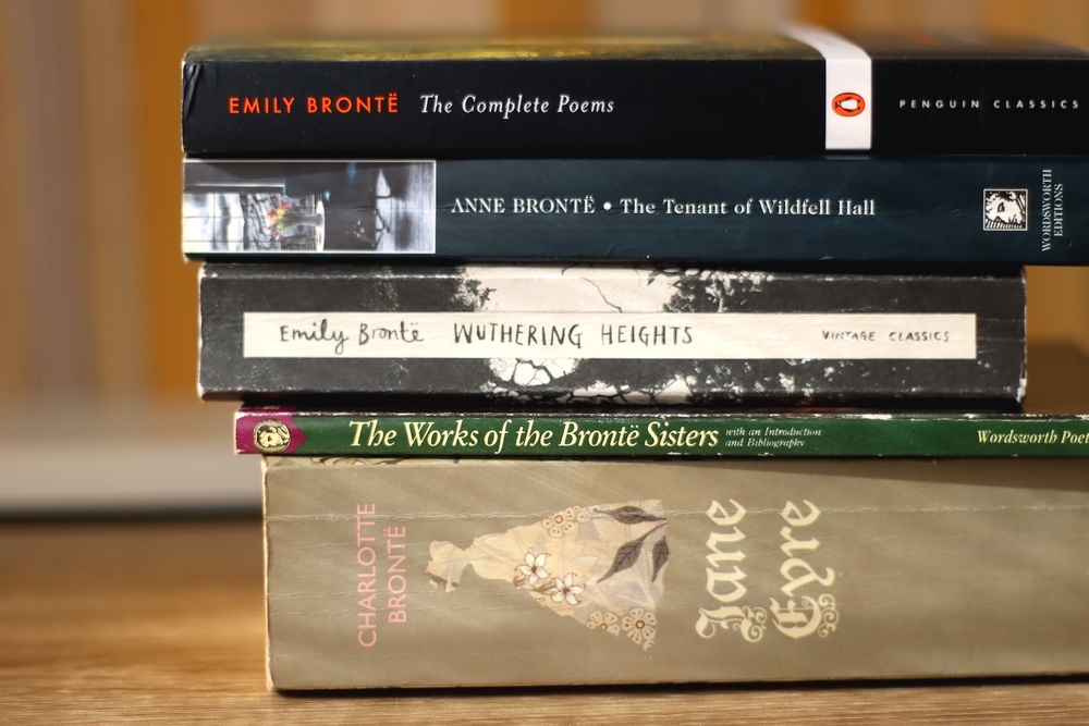 Stack of classic English books by Brontë sisters