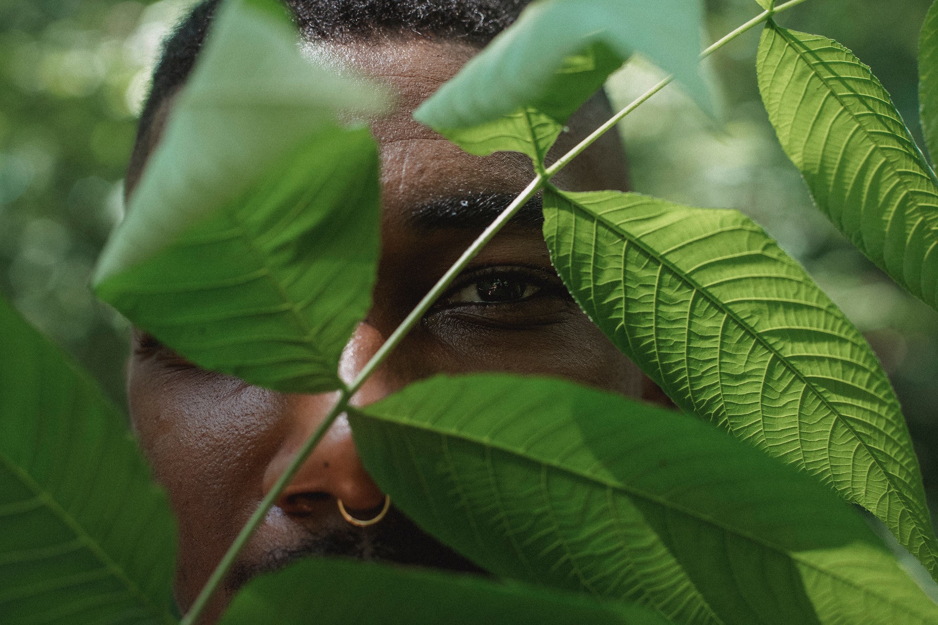 Crop man standing behind green plant