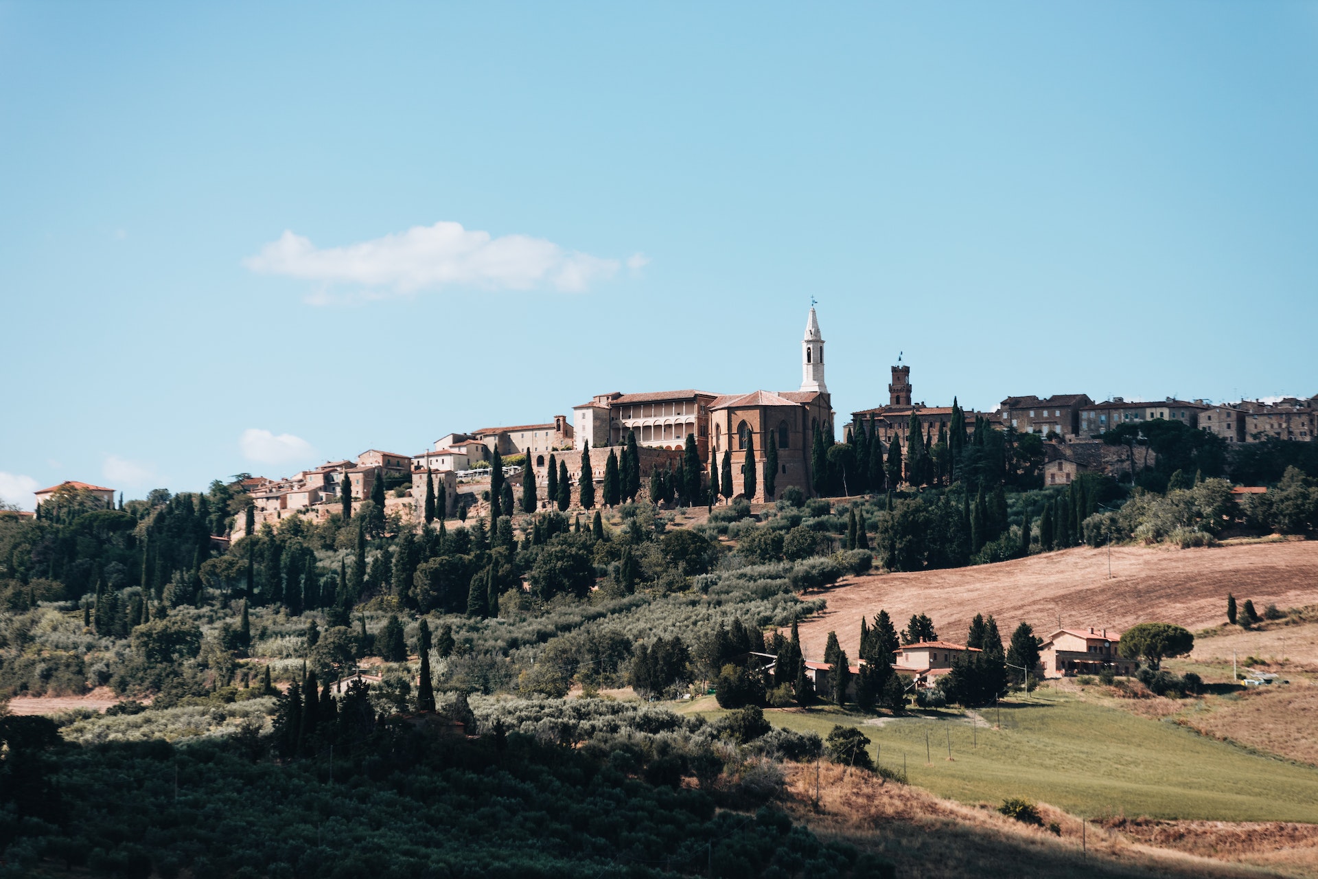 scenery of an old European town surrounded by green trees