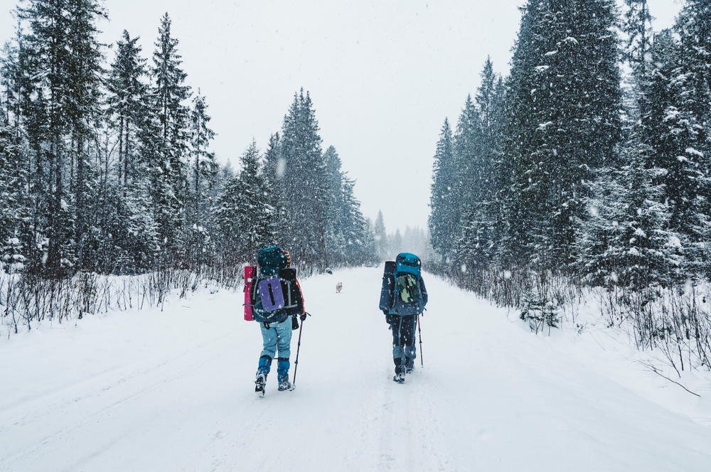 Tourists during hiking trip under heavy snowfall
