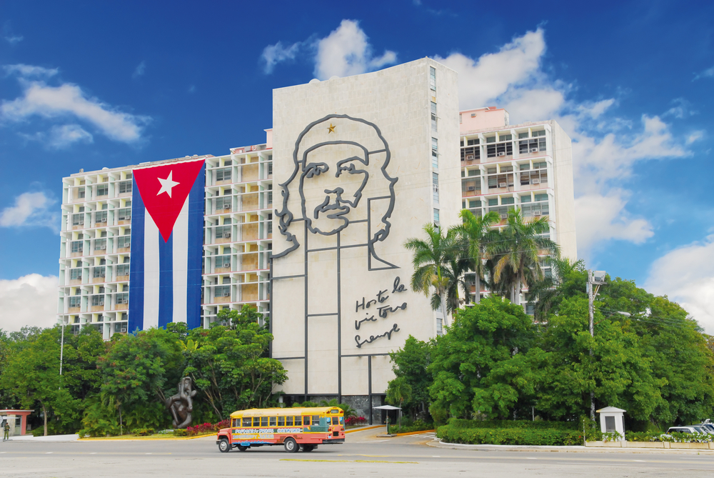 Ministry of the Interior building, featuring iron mural of Che Guevara's face
