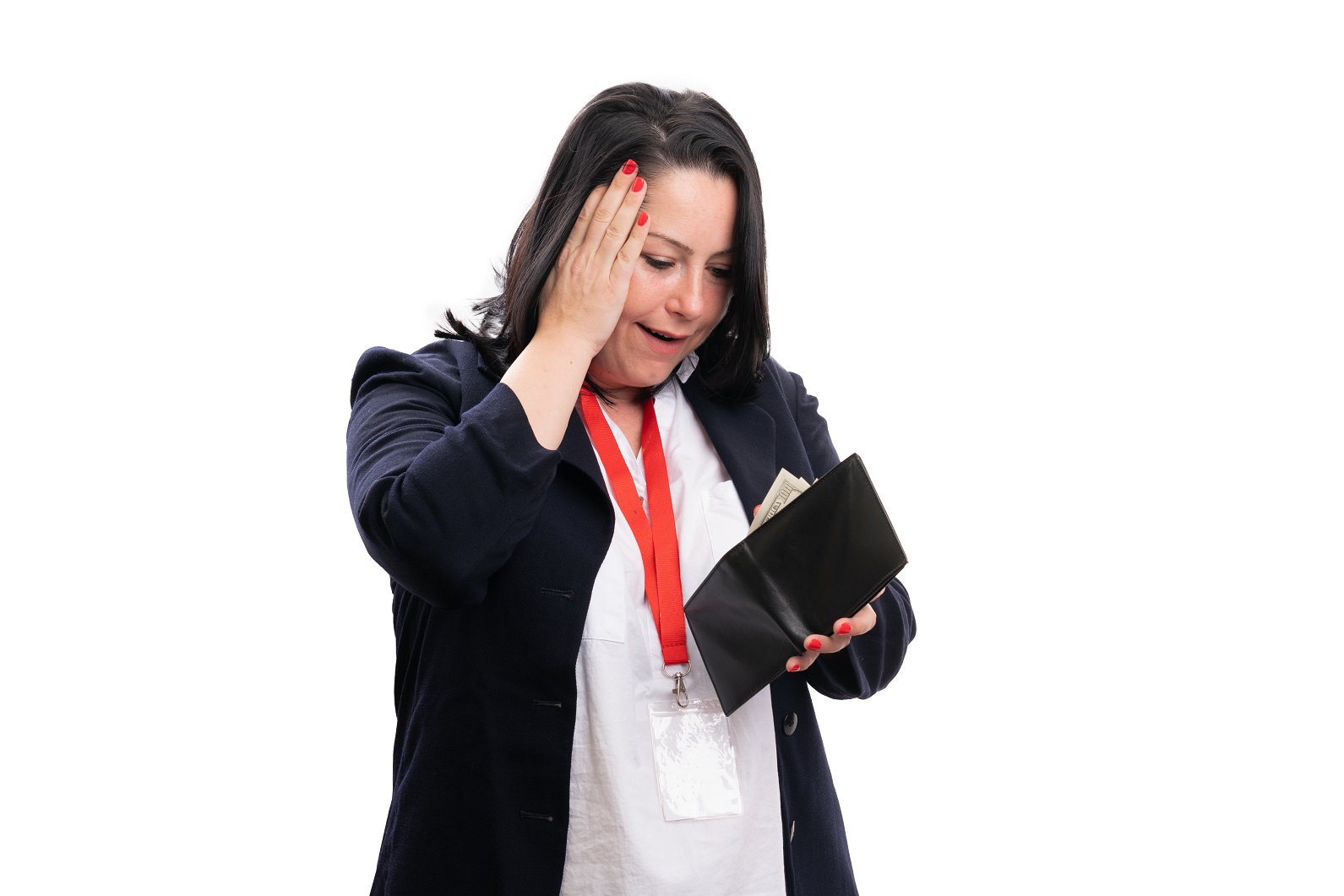 Happy businesswoman is making surprised shocked expression and gesture looking inside wallet.