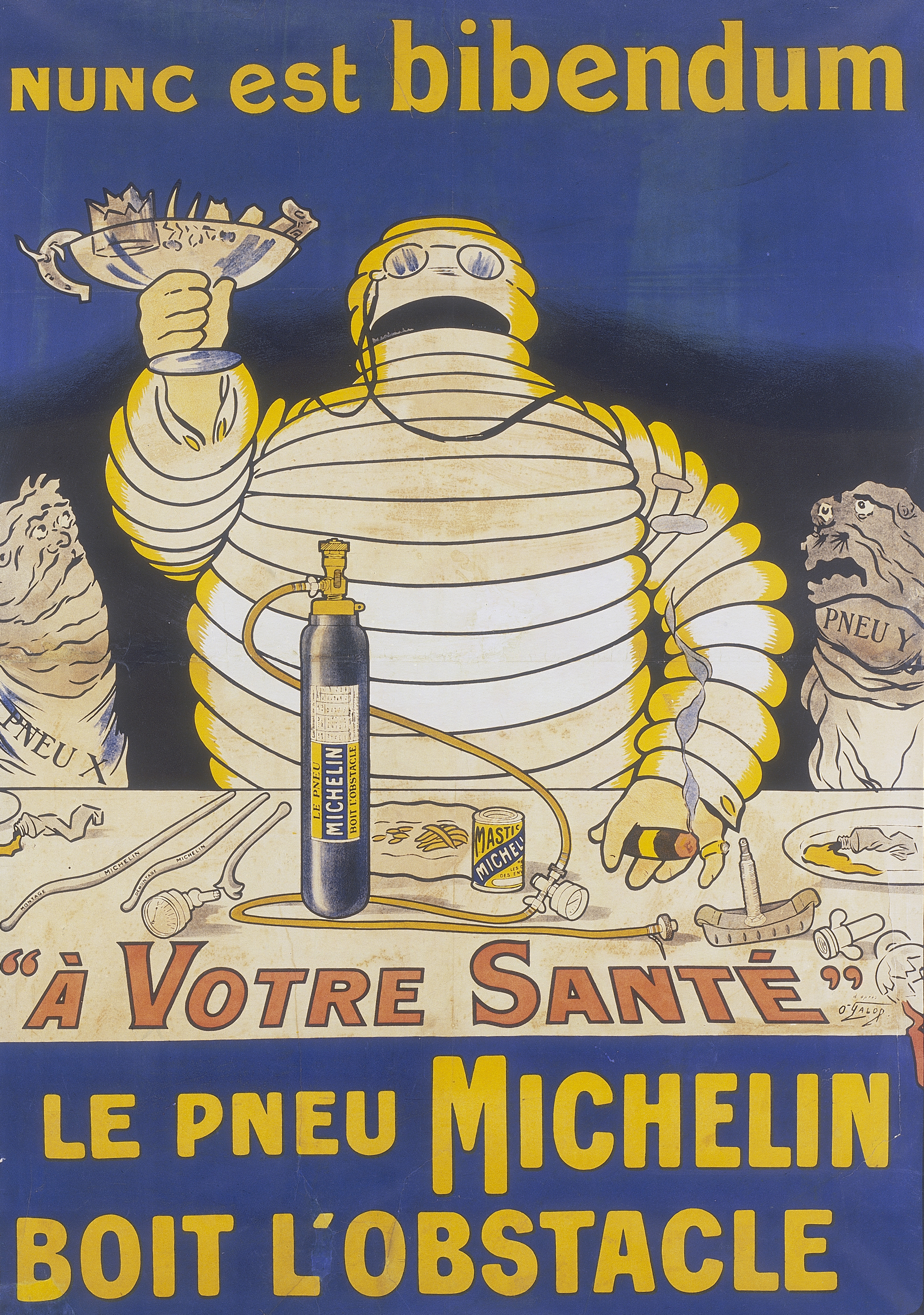 Poster with Mr Bibendum advertising Michelin tyres. The famous Michelin Man holds up a glass full of sharp objects which hold no fear for Michelin tyres. Tyre X and tyre Y look on enviously as Mr Bibendum proposes a toast; 'To Your Health; the Michelin tyre drinks obstacles'. (Photo by National Motor Museum/Heritage Images/Getty Images)