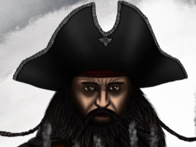 Illustration of the pirate Blackbeard wearing black clothes and black pirate hat
