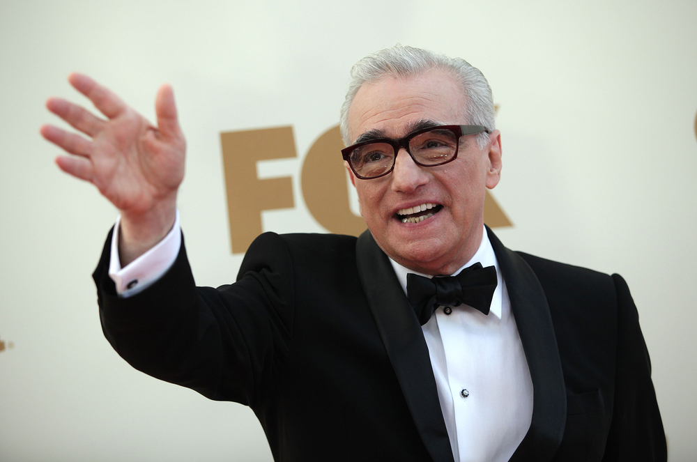 Martin Scorsese at the Emmy Awards wearing black suite and white shirt