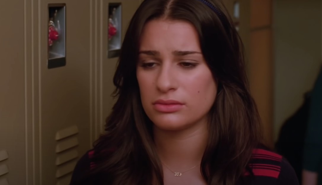 Lea Michele as Rachel Berry at school sad  in black top