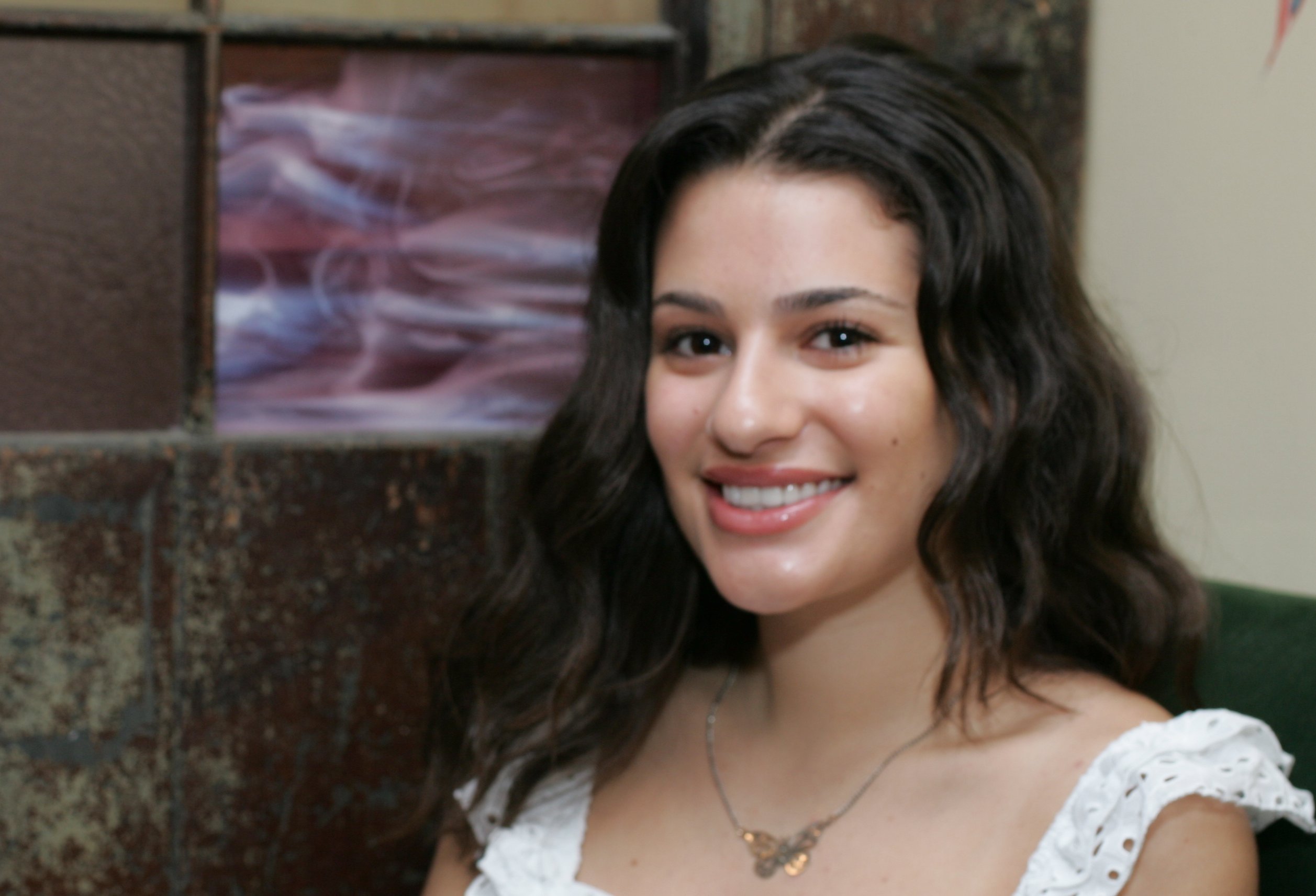 Actress Lea Michele in white top and necklace