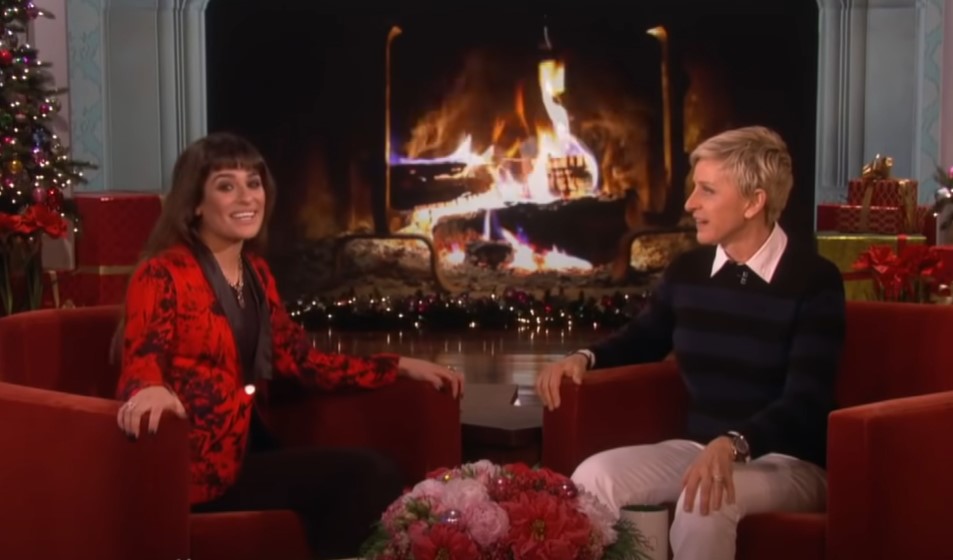 lea michele at the ellen degeneres show in red jacket speaking about  Cory Monteith