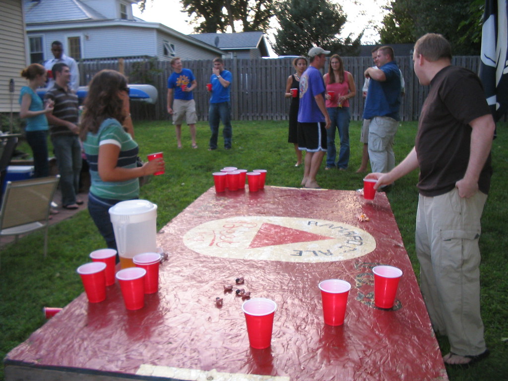 beer pong table and people
