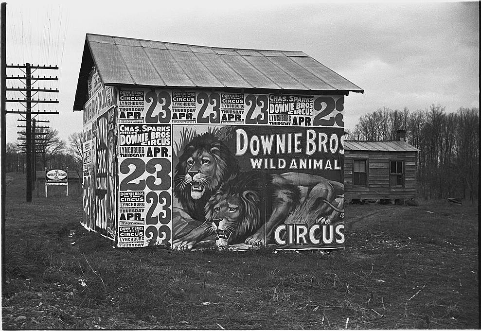 Posters Covering A Building Near Lynchburg To Advertise A Downie Bros. Circus