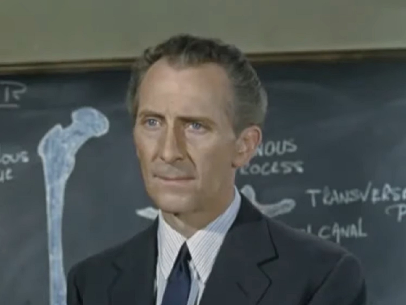 Screenshot of Peter Cushing wearing suit is looking at front - from Island of Terror (1966)