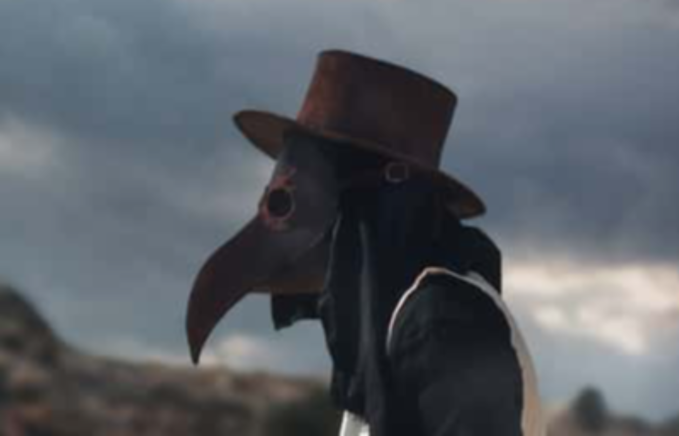 A man in historical masquerade costume of plague doctor.
