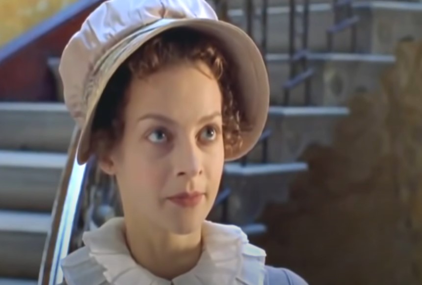Julie Cox as Annabella Milbanke, Lady Byron  in white dress and hat