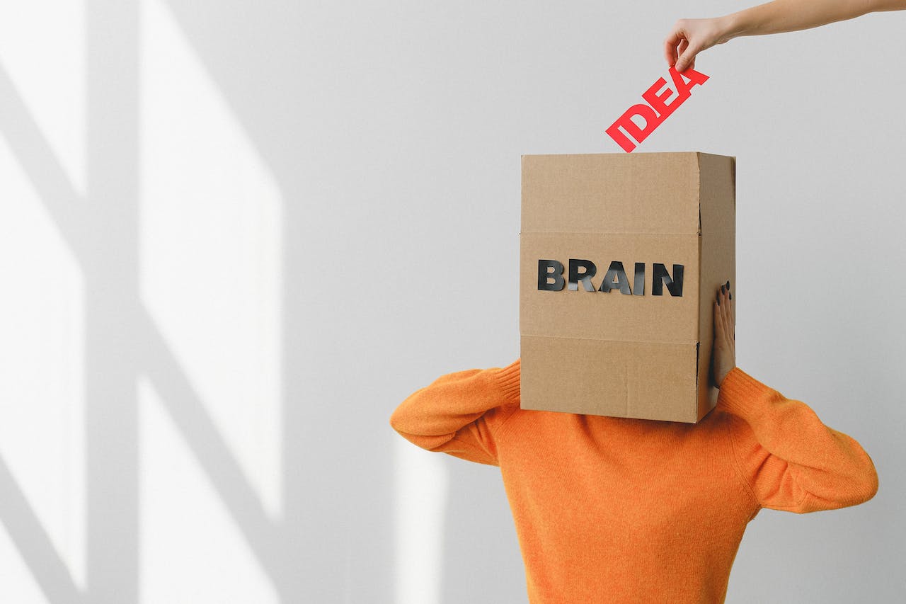 Woman holding a box over her head named brain.