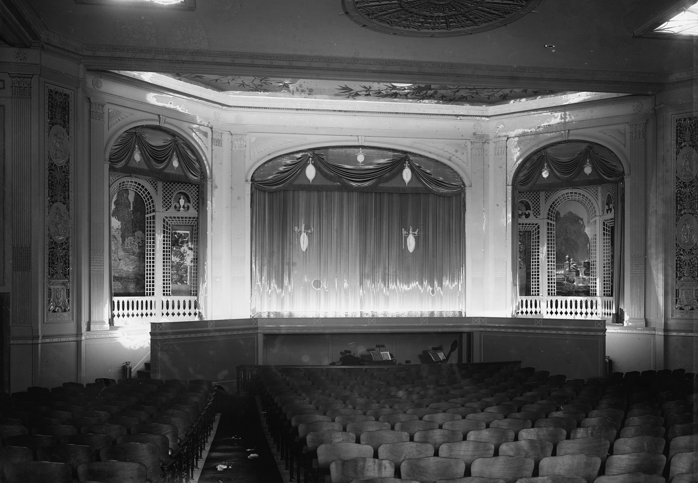 Grayscale photo of old Theater interior