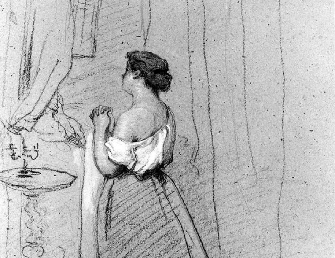 Woman Kneeling in Prayer Beside Bed - 1864