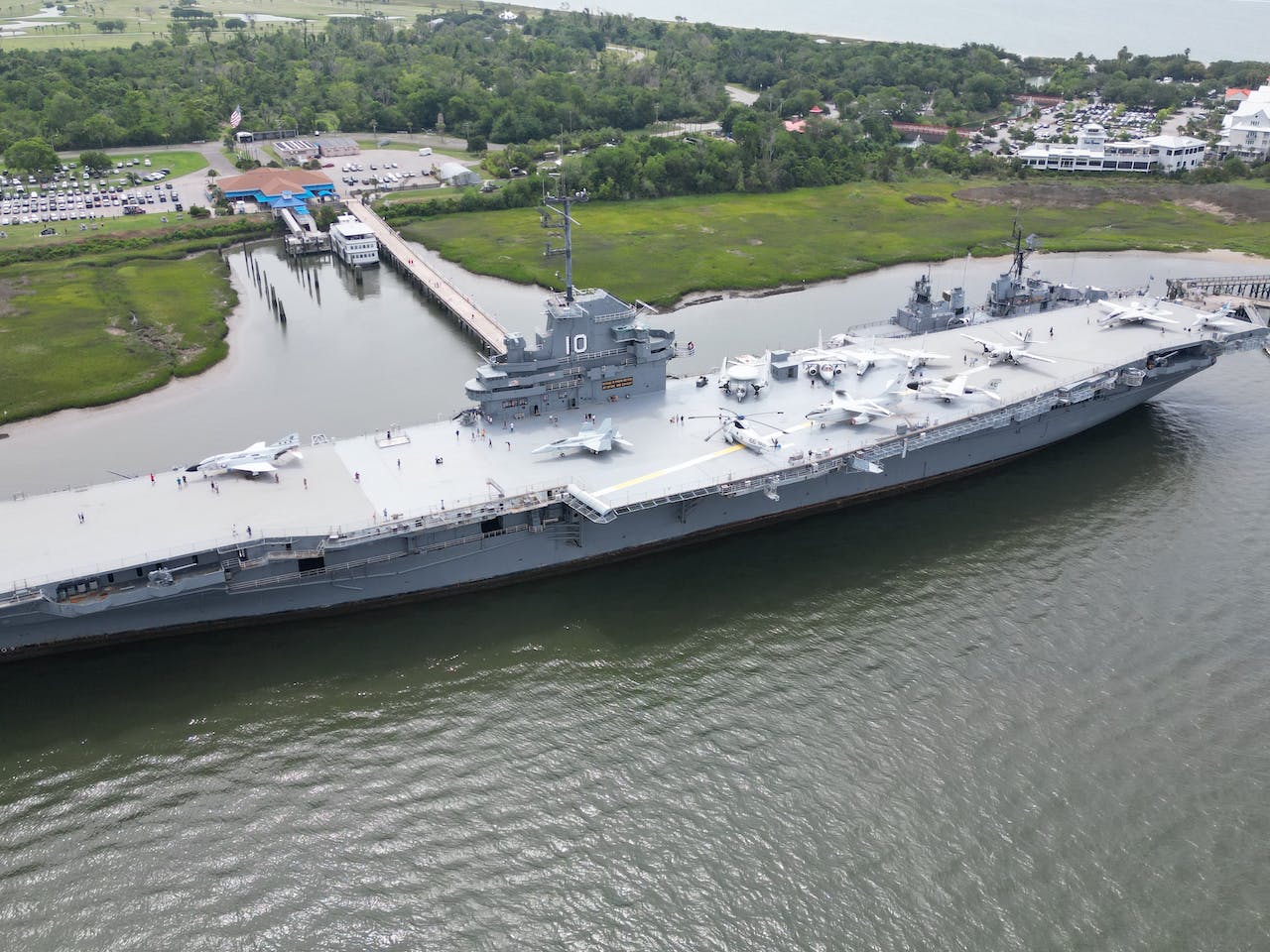USS Yorktown aircraft carrier at dock.