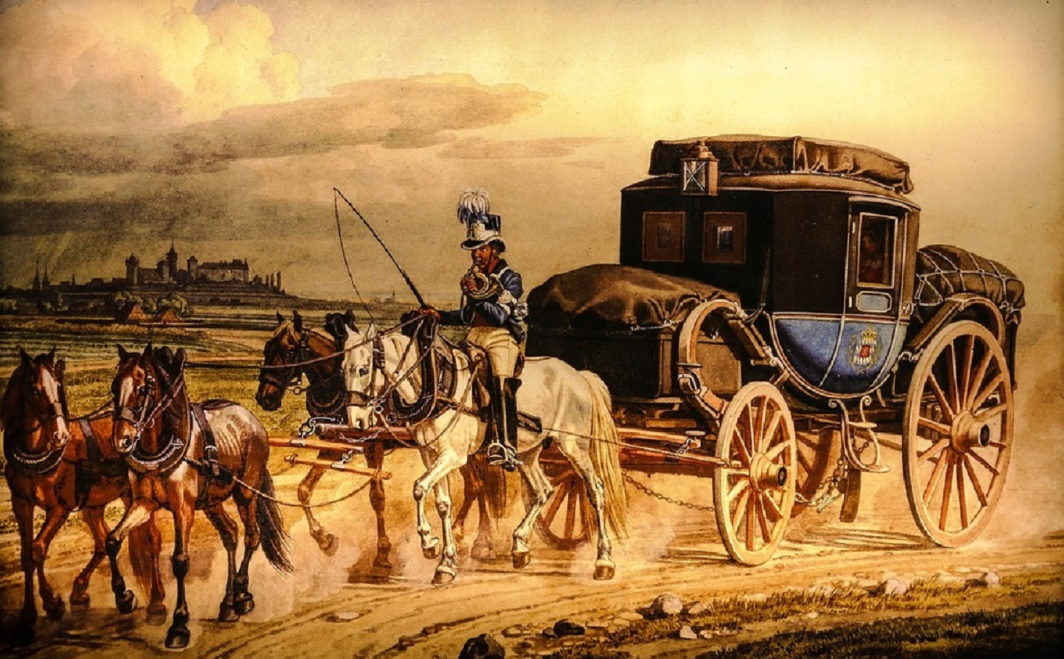 A painting of a horse drawn carriage being pulled by two horses - 2016