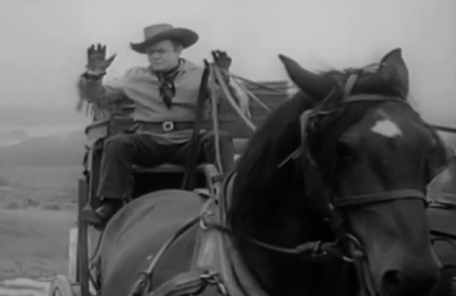 Screenshot of afraid stagecoach driver - from Stories of the Century (1954-55)