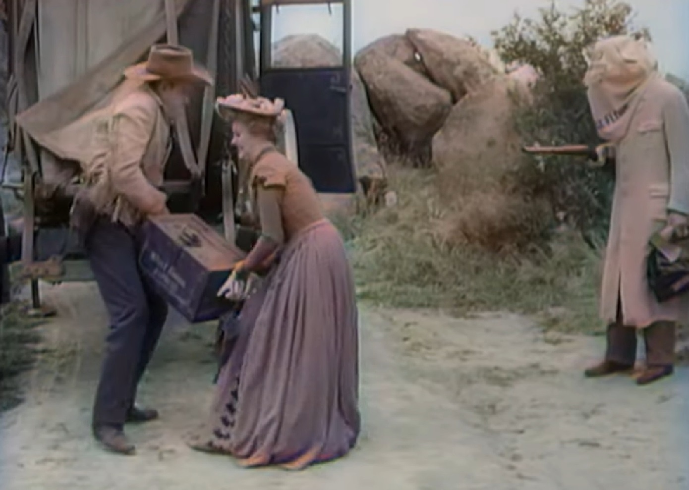 Screenshot of Black Bart (Arthur Space) is robbing stagecoach - from Stories of the Century (1954-55)