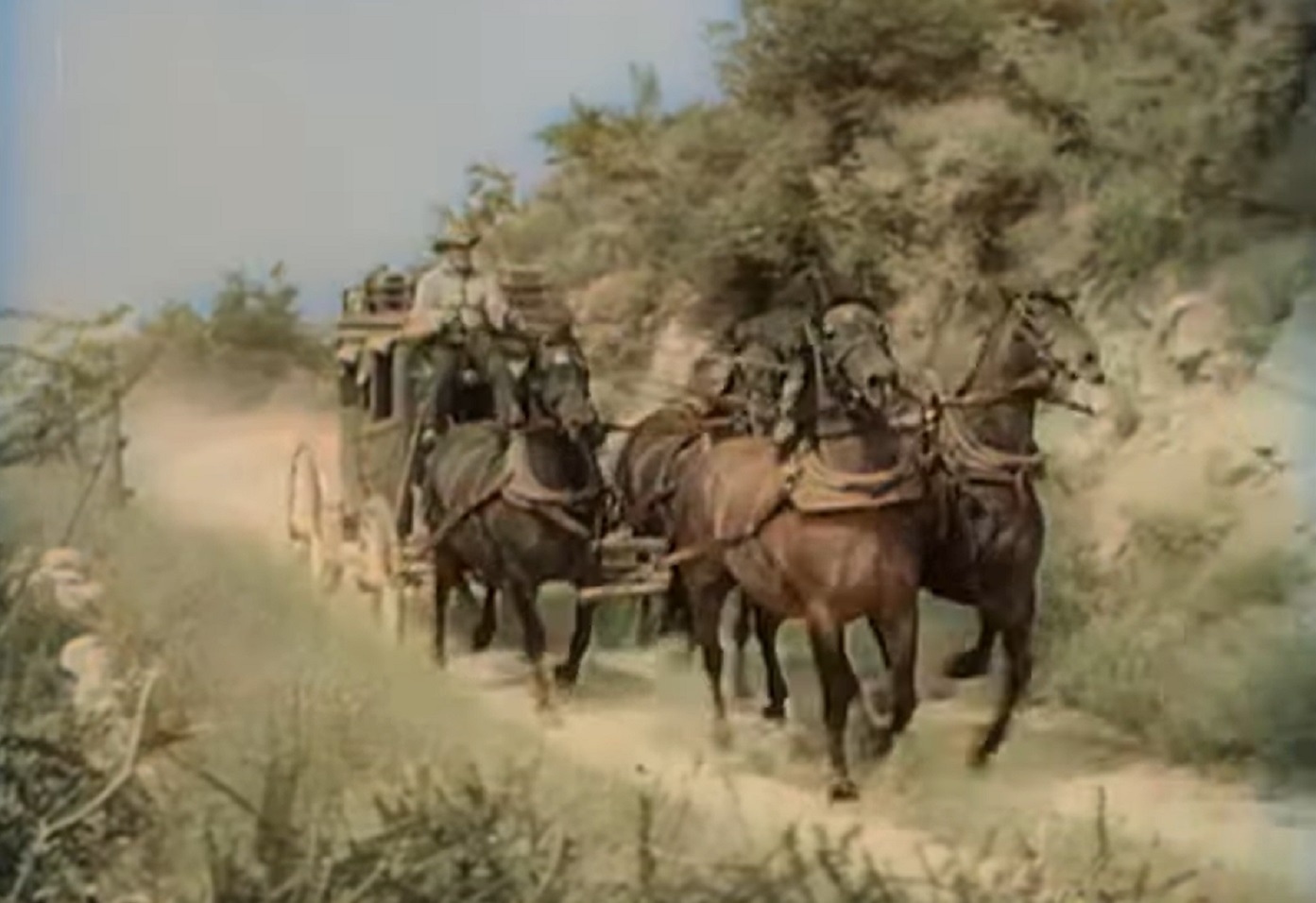 Screenshot of horses with stagecoach - from Stories of the Century (1954-55)