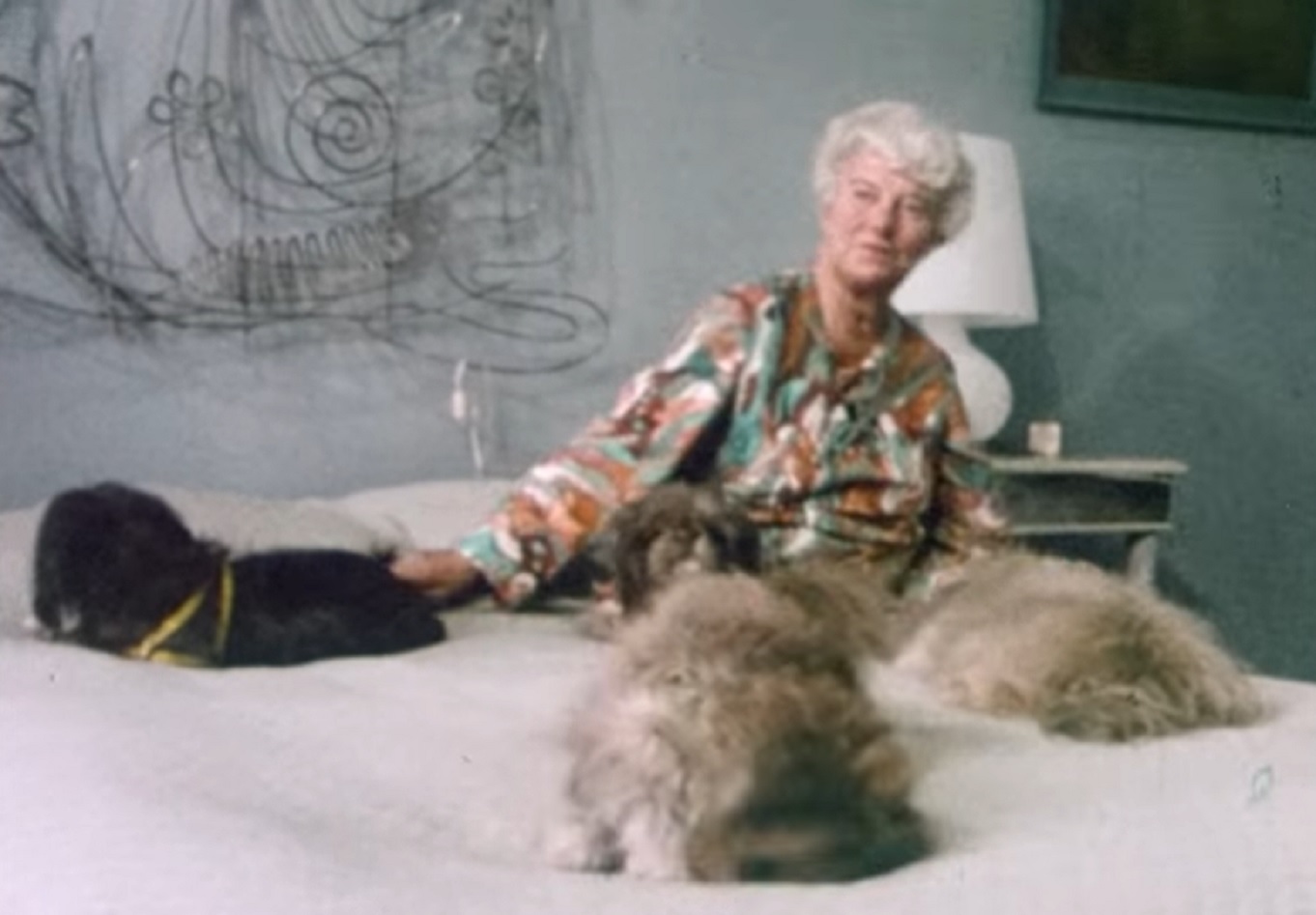 Screenshot of Peggy Guggenheim on the bed - from Peggy Guggenheim- Art Addict (2015)